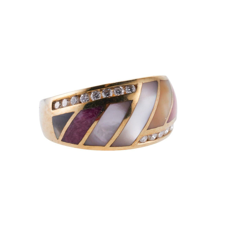 Asch Grossbardt Inlay Mother of Pearl Coral Diamond Gold Ring