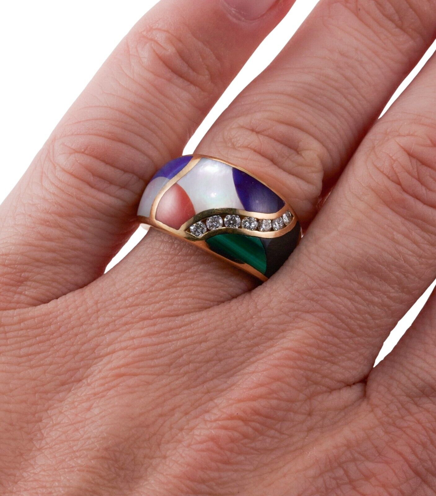 Asch Grossbardt Inlay Malachite Coral Lapis Diamond Gold Ring