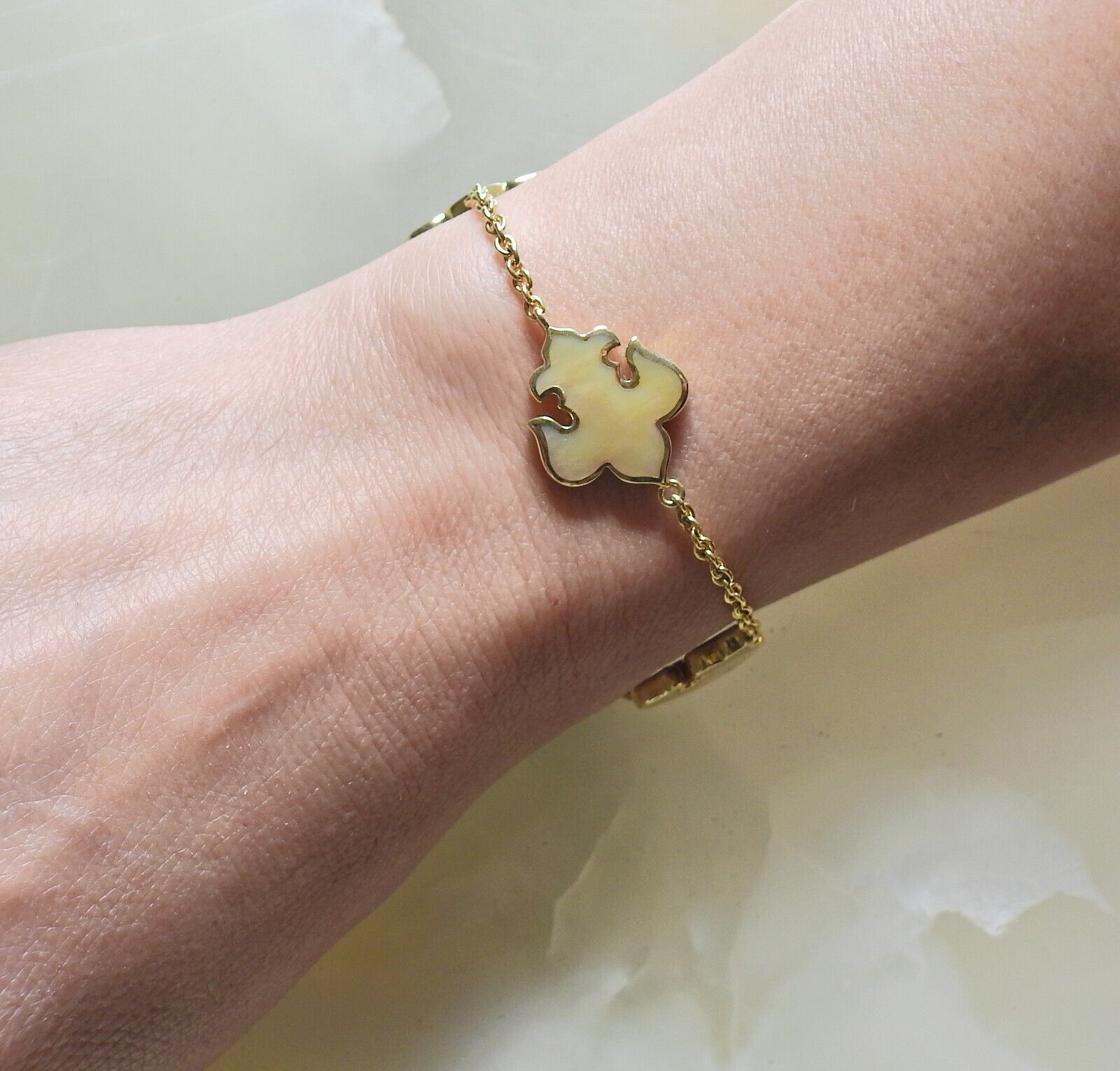 Asch Grossbardt Inlay Mother of Pearl Fleur de Lis Gold Bracelet