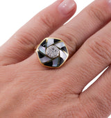 Asch Grossbardt Inlay Mother of Pearl Onyx Diamond Gold Ring