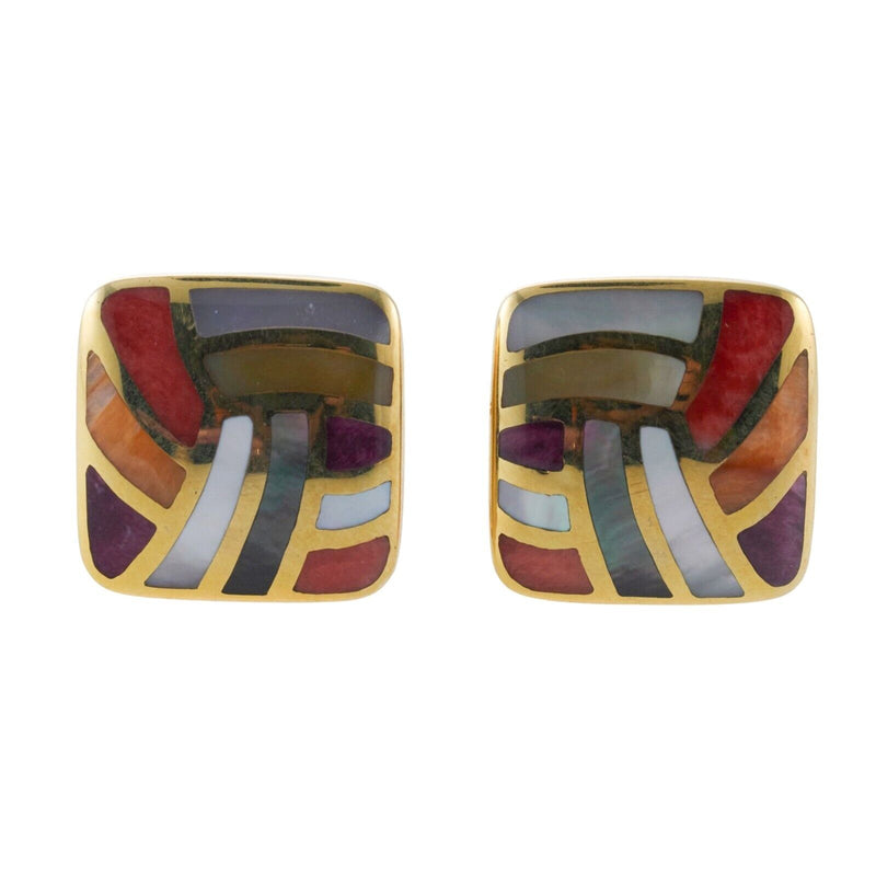 Asch Grossbardt MOP Coral Sugilite Inlay Gold Earrings