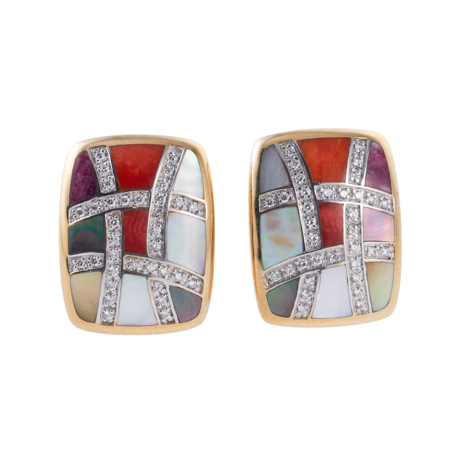 Asch Grossbardt MOP Coral Sugilite Inlay Diamond Gold Earrings