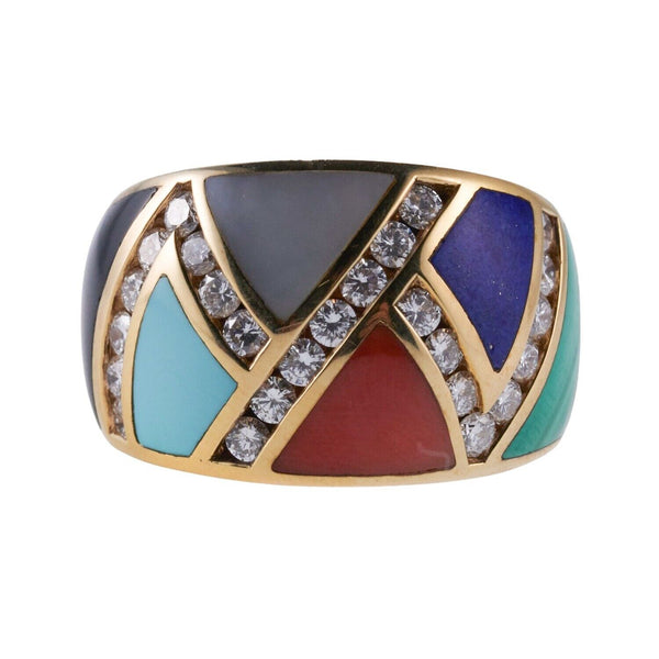 Asch Grossbardt MOP Coral Turquoise Malachite Inlay Diamond Gold Ring