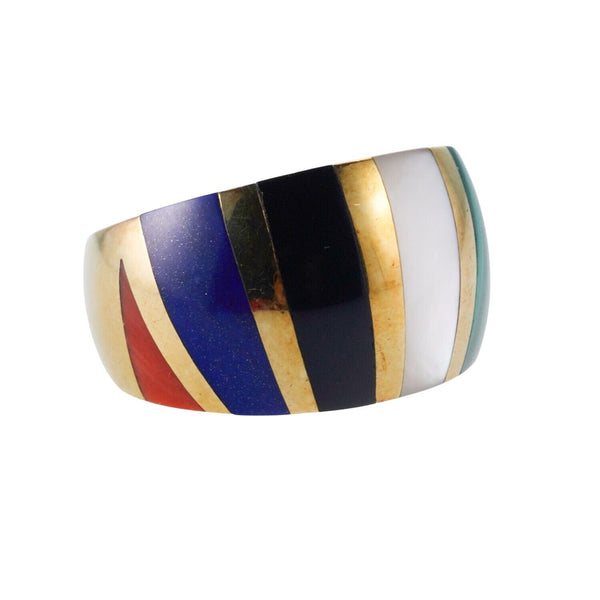 Asch Grossbardt MOP Onyx Coral Malachite Lapis Inlay Gold Ring
