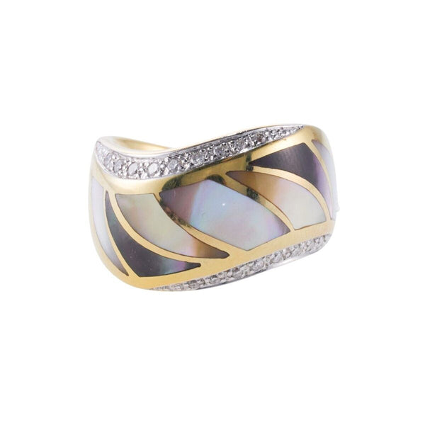 Asch Grossbardt Inlay Mother of Pearl Diamond Gold Wave Ring