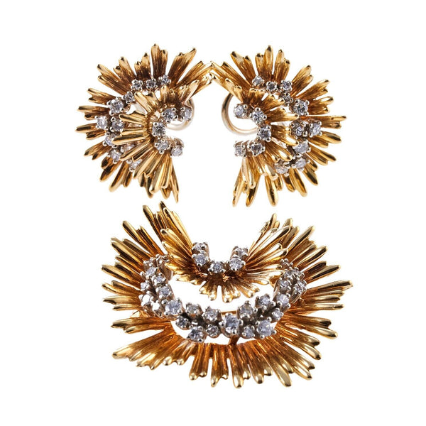 French Gold Diamond Earrings Brooch Set