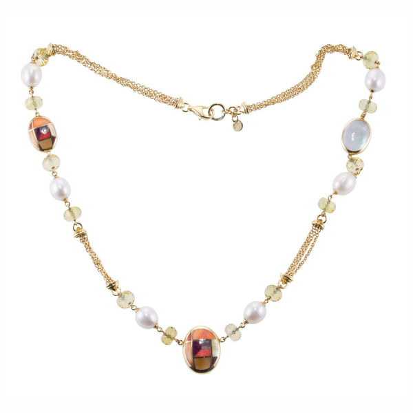 Asch Grossbardt Inlay Gemstone Pearl Peridot Gold Necklace