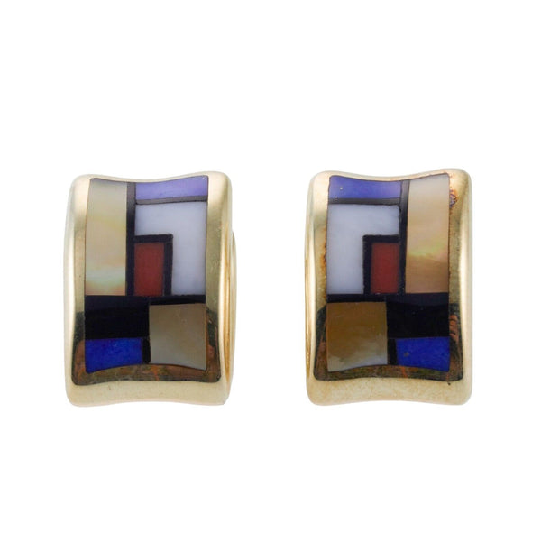 Asch Grossbardt MOP Coral Lapis Onyx Inlay Gold Earrings
