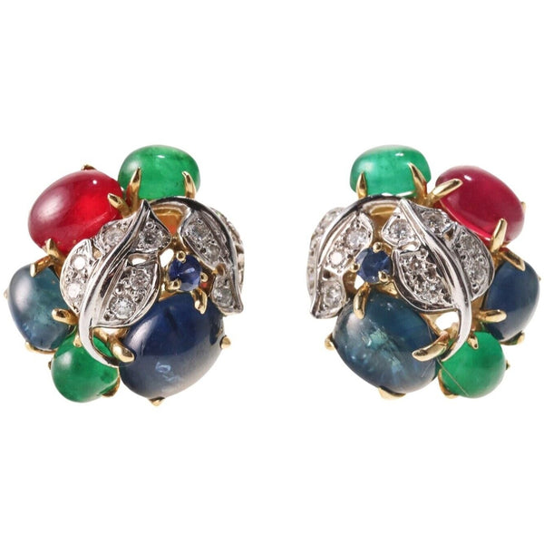 Seaman Schepps Tutti Frutti Emerald Ruby Sapphire Diamond Gold Earrings