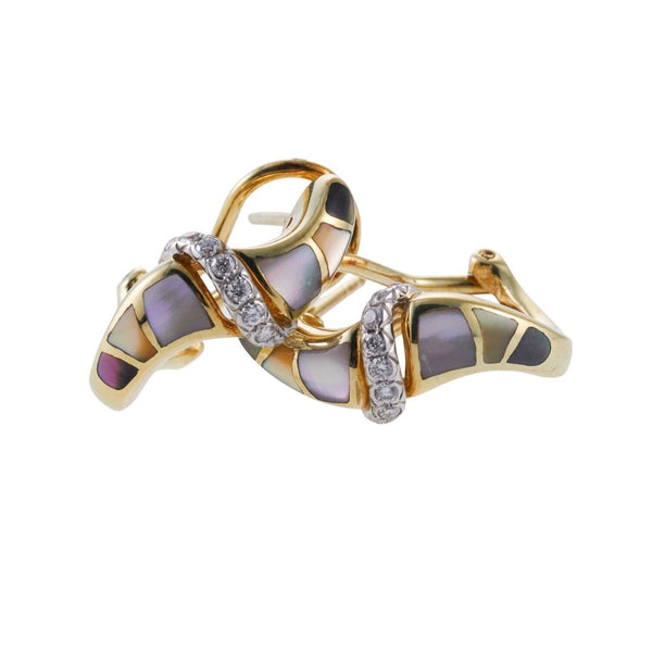 Asch Grossbardt MOP Inlay Diamond Gold Wave Earrings