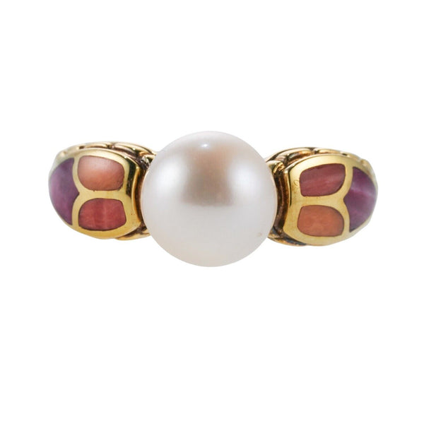 Asch Grossbardt MOP Coral Gemstone Pearl Inlay Gold Ring