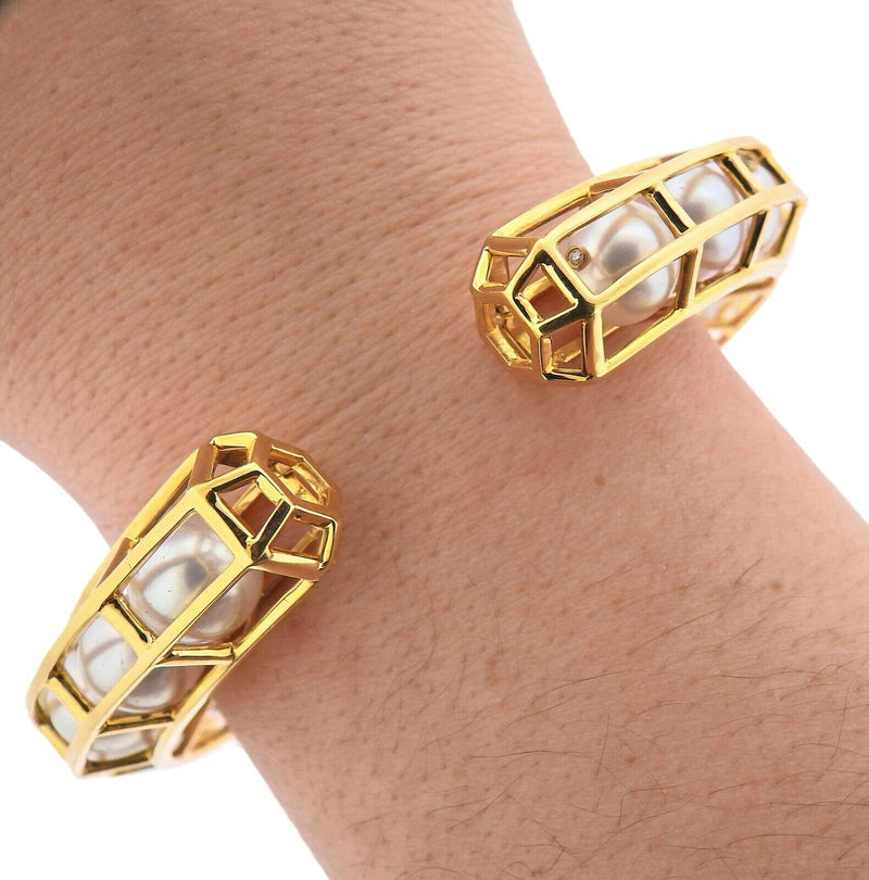 Assael Pearl Gold Diamond Caged Bangle Bracelet - Oak Gem