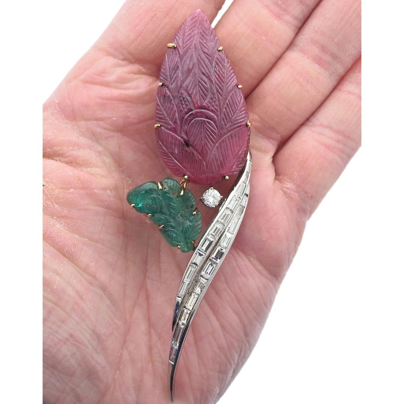Carved Ruby Diamond Emerald Gold Brooch Pin