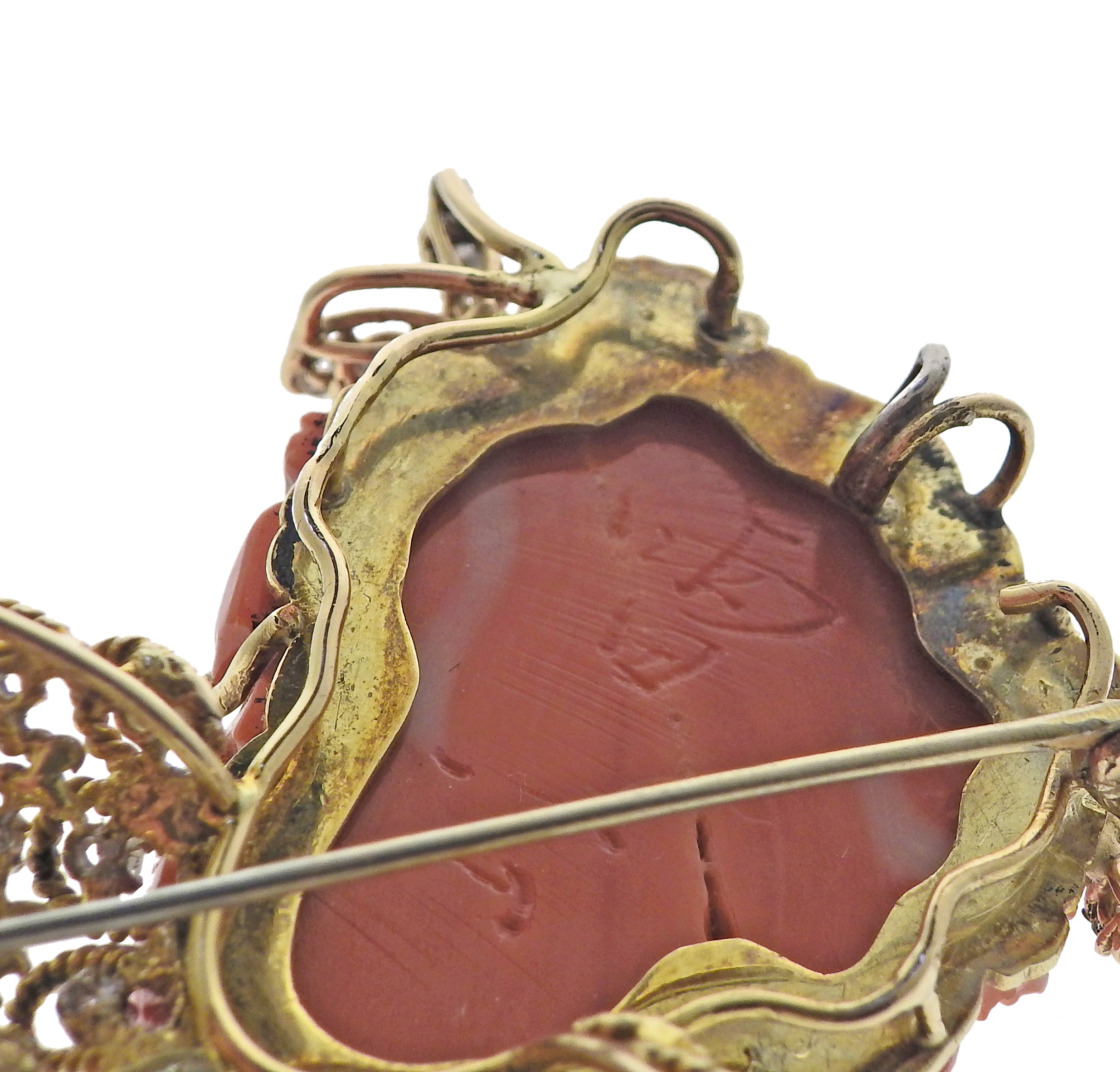 Gold Diamond Carved Coral Face Brooch Pendant