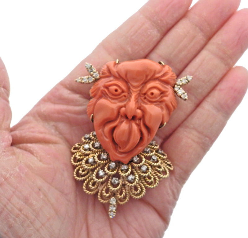 Gold Diamond Carved Coral Face Brooch Pendant
