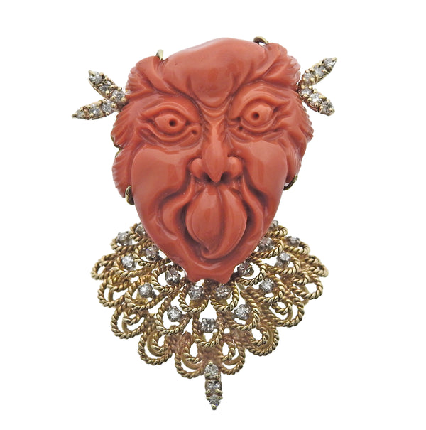 Gold Diamond Carved Coral Face Brooch Pendant
