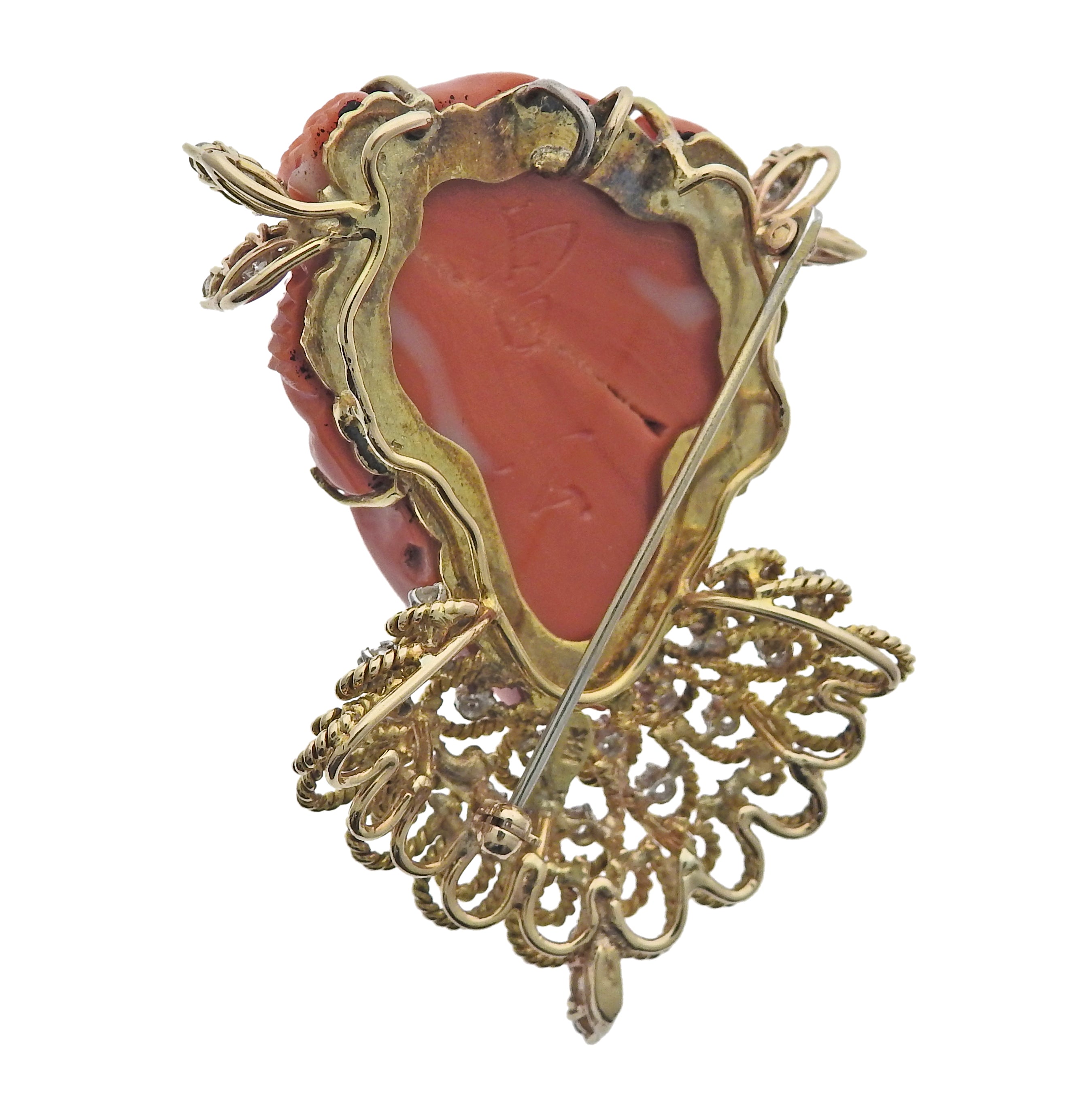 Gold Diamond Carved Coral Face Brooch Pendant