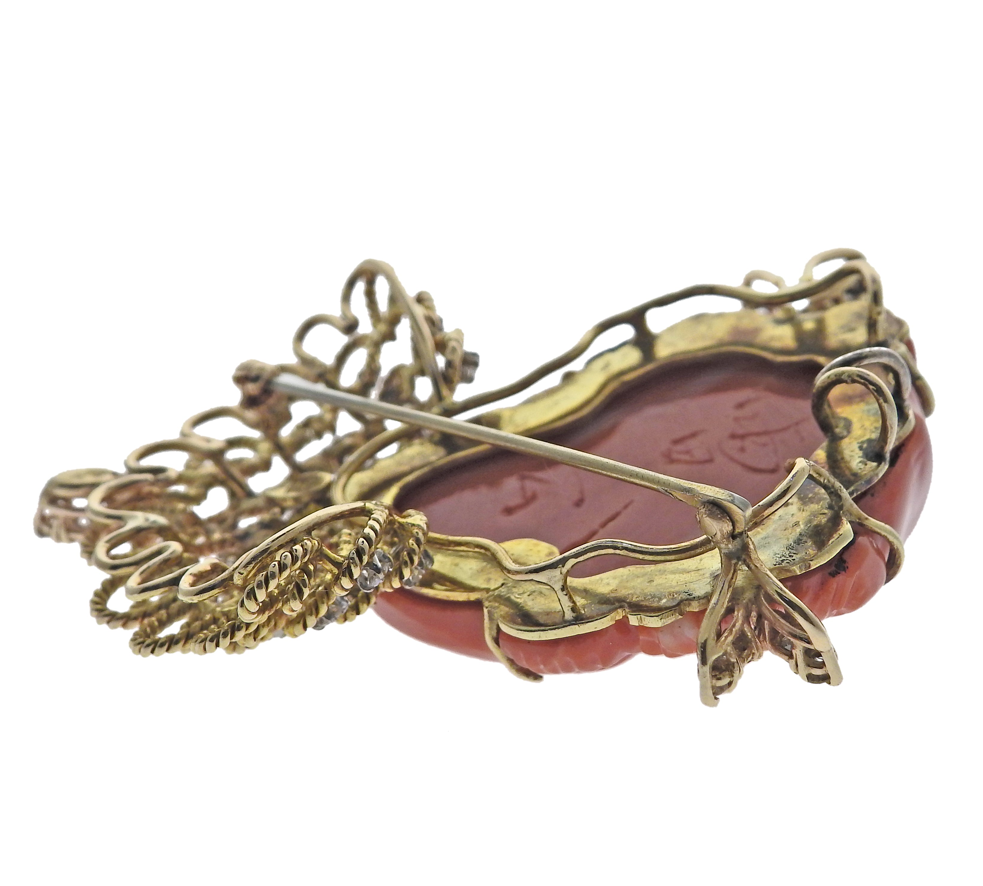 Gold Diamond Carved Coral Face Brooch Pendant