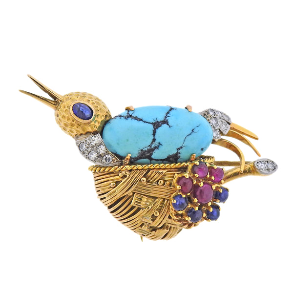 French Mid Century Diamond Ruby Sapphire Turquoise Gold Bird Brooch - Oak Gem