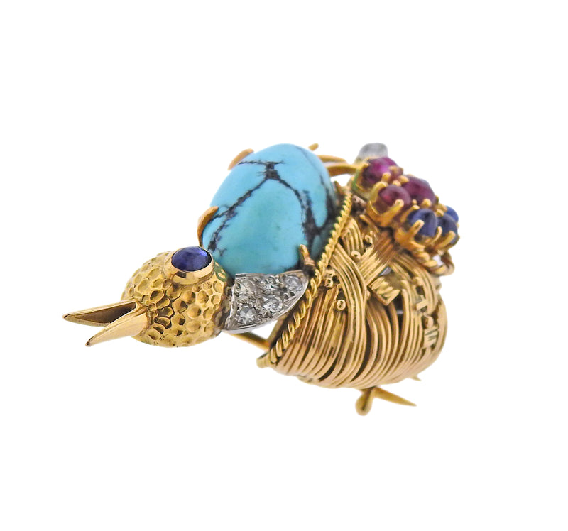French Mid Century Diamond Ruby Sapphire Turquoise Gold Bird Brooch - Oak Gem