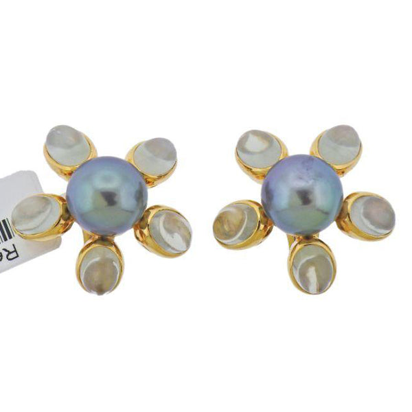 Assael Tahitian South Sea Pearl Moonstone Gold Flower Earrings - Oak Gem