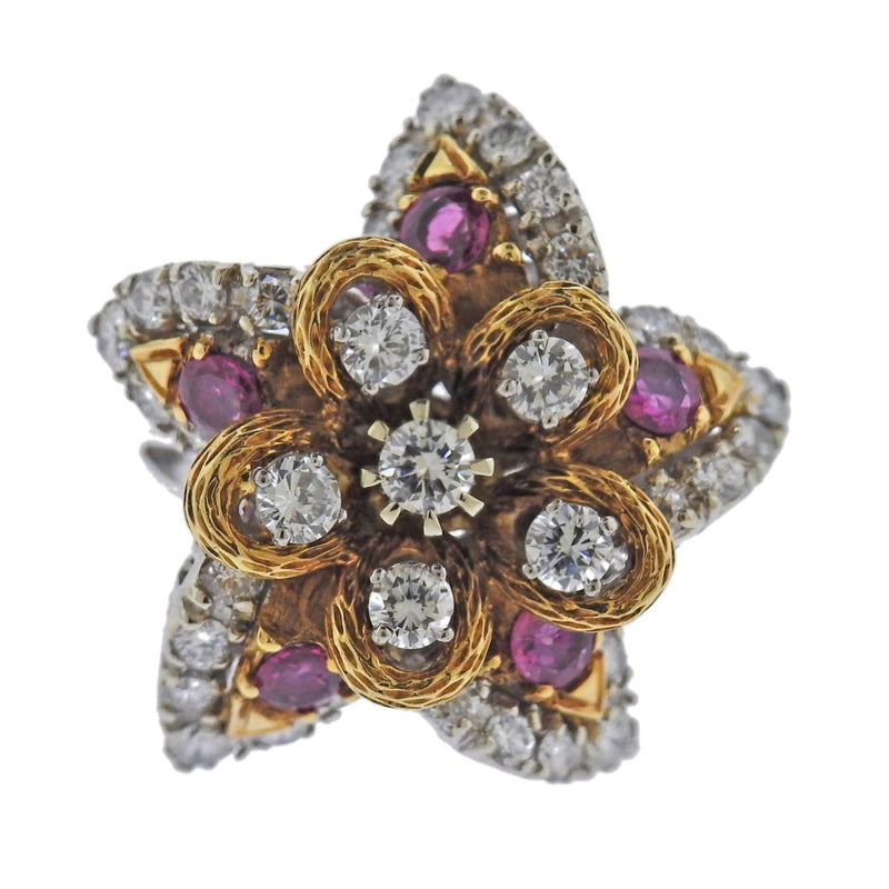 1960S GOLD 16CTW DIAMOND RUBY EARRINGS BROOCH RING SET