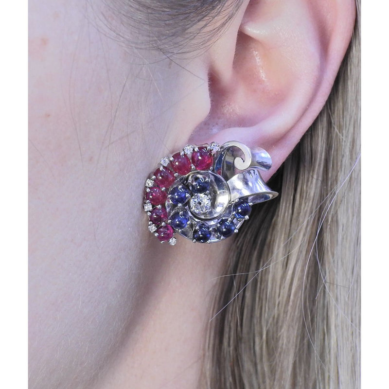 Trabert Hoeffer Mauboussin Retro Gold Ruby Diamond Sapphire Earrings