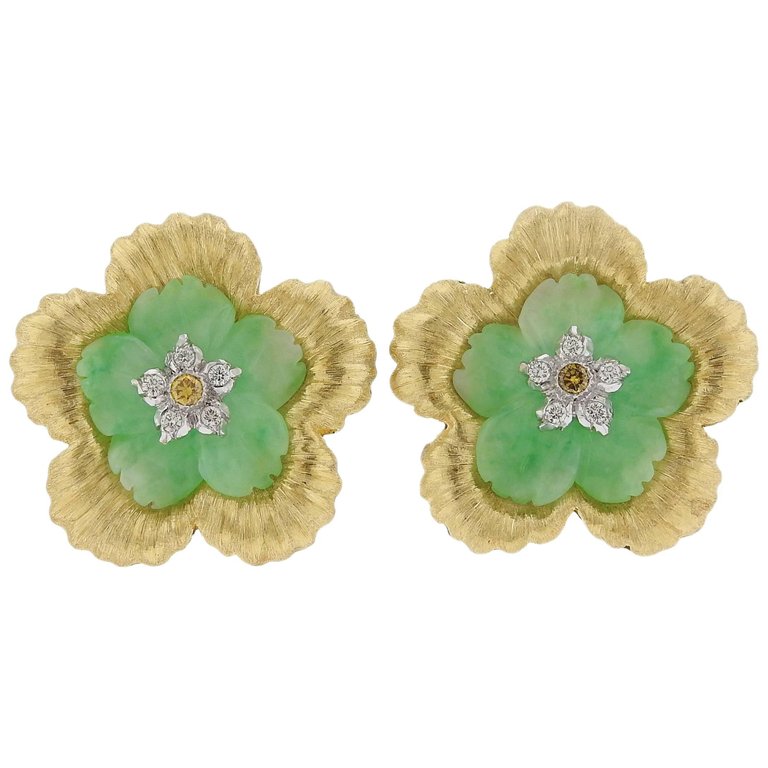 Buccellati Carved Jade Diamond Gold Flower Earrings - Oak Gem