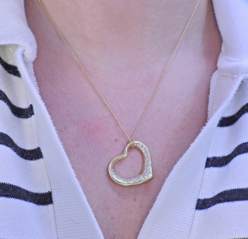 Tiffany & Co Elsa Peretti Gold Diamond Open Heart Pendant Necklace