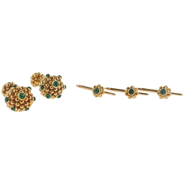 Tiffany & Co. Emerald Gold Cufflinks Stud Dress Set - Oak Gem