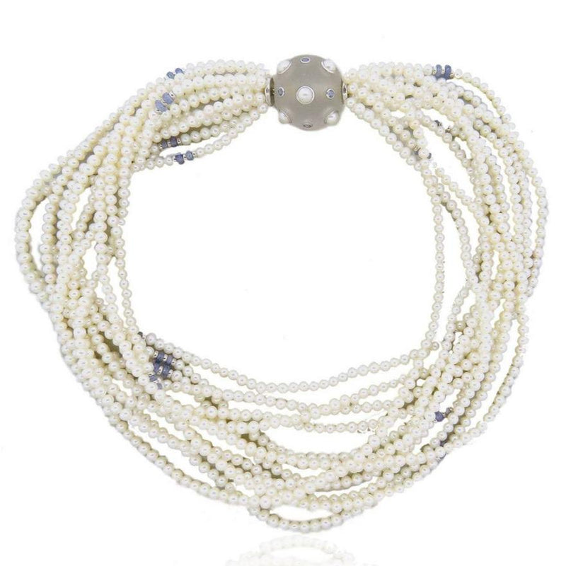 Trianon Pearl Necklace with Frosted Crystal Sapphire Gold Clasp