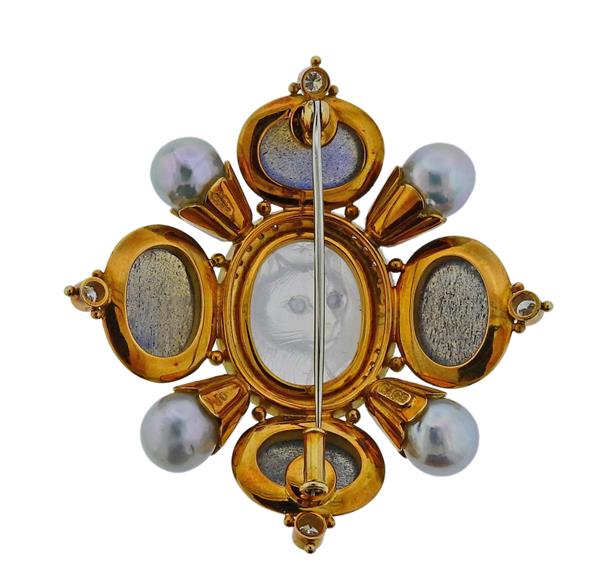 Elizabeth Gage Labradorite Moonstone Cat Diamond Pearl Gold Kiss Brooch - Oak Gem