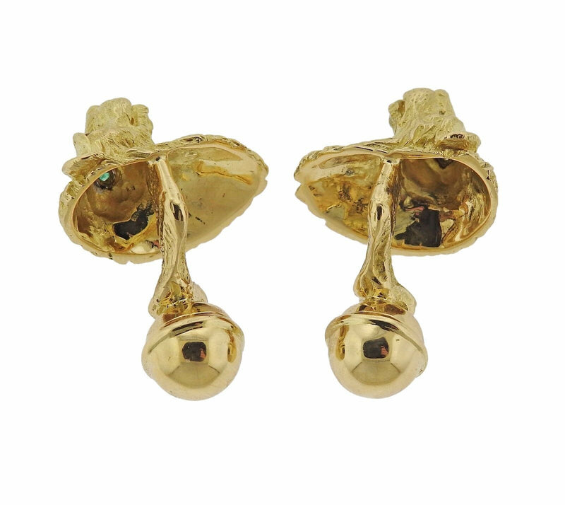 Tiffany & Co 18k Gold Emerald Lion Head Cufflinks - Oak Gem