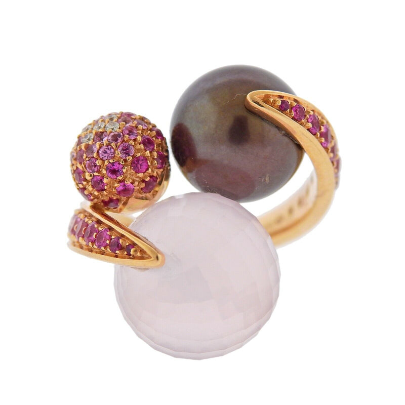 Io Si Diamond Rose Quartz Pearl Pink Sapphire Gold Cocktail Ring - Oak Gem
