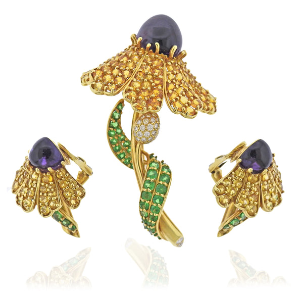 Jean Vitau Diamond Amethyst Tsavorite Sapphire Gold Flower Earrings Brooch Set