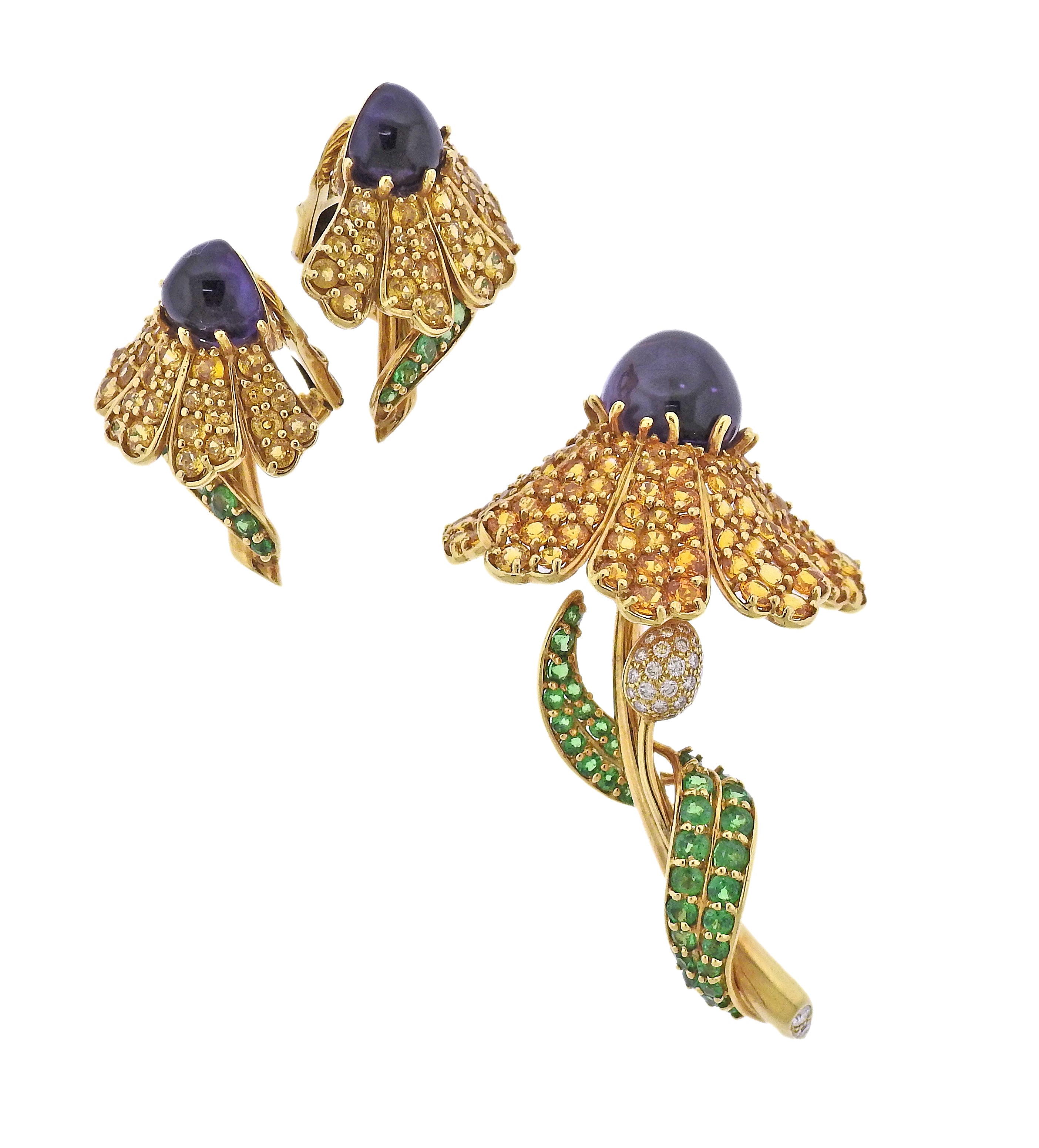 Jean Vitau Diamond Amethyst Tsavorite Sapphire Gold Flower Earrings Brooch Set