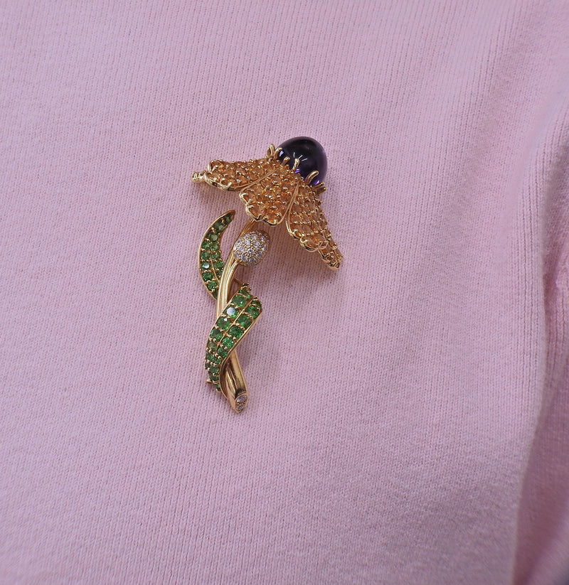 Jean Vitau Diamond Amethyst Tsavorite Sapphire Gold Flower Earrings Brooch Set