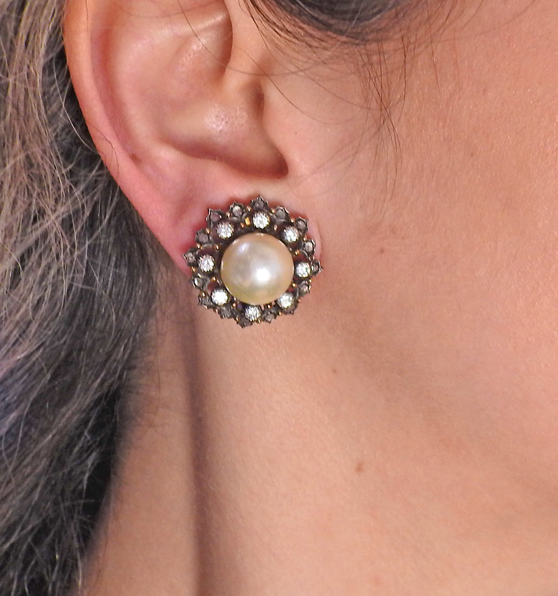 Buccellati South Sea Pearl Diamond Gold Silver Earrings - Oak Gem