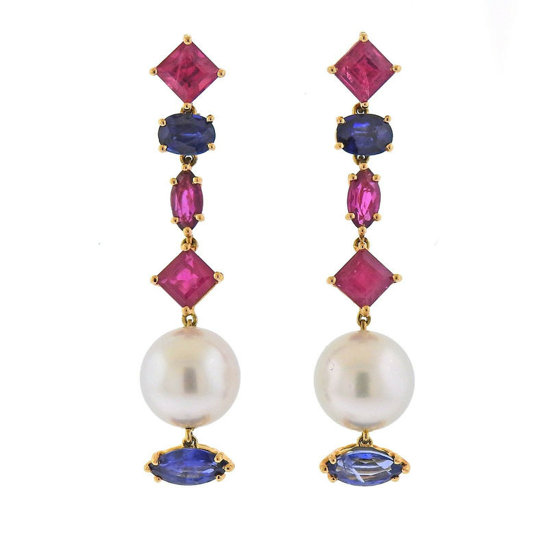 Assael Ruby Sapphire Pearl Gold Earrings - Oak Gem