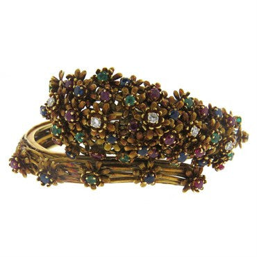 Zolotas Gold Diamond Emerald Sapphire Ruby Flower Bangle Bracelet - Oak Gem