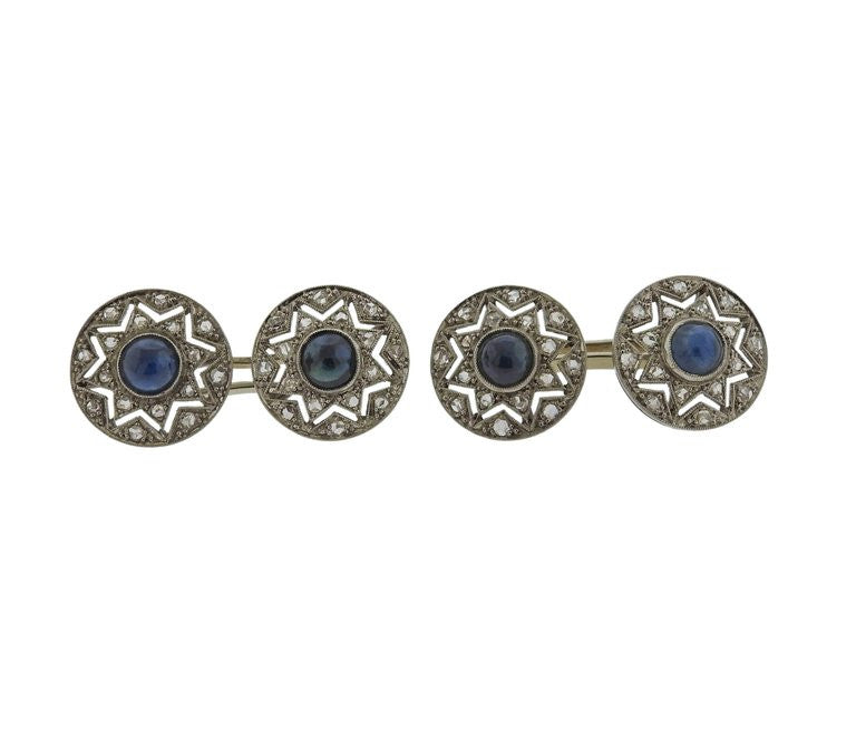 Art Deco Diamond Sapphire Platinum Cufflinks - Oak Gem