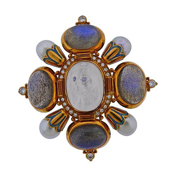 Elizabeth Gage Labradorite Moonstone Cat Diamond Pearl Gold Kiss Brooch - Oak Gem
