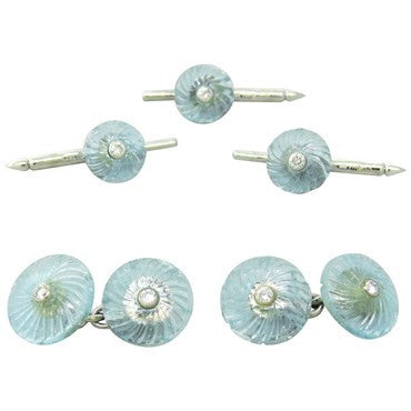 Trianon Carved Aquamarine Diamond Cufflink Stud Dress Set - Oakgem.com