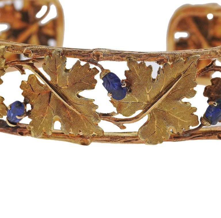 Buccellati 18k Gold Carved Sapphire Leaf Motif Cuff Bracelet - Oak Gem