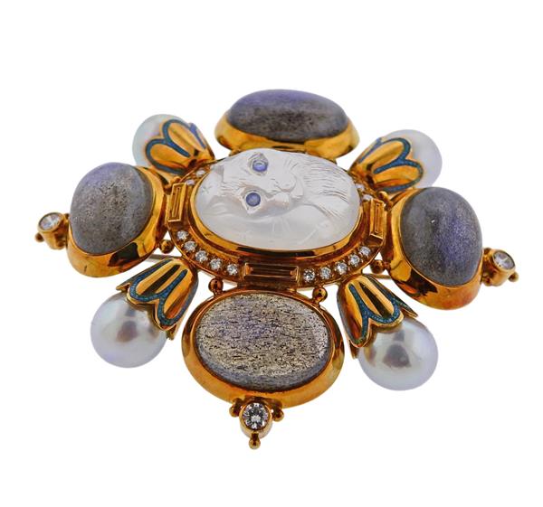 Elizabeth Gage Labradorite Moonstone Cat Diamond Pearl Gold Kiss Brooch - Oak Gem