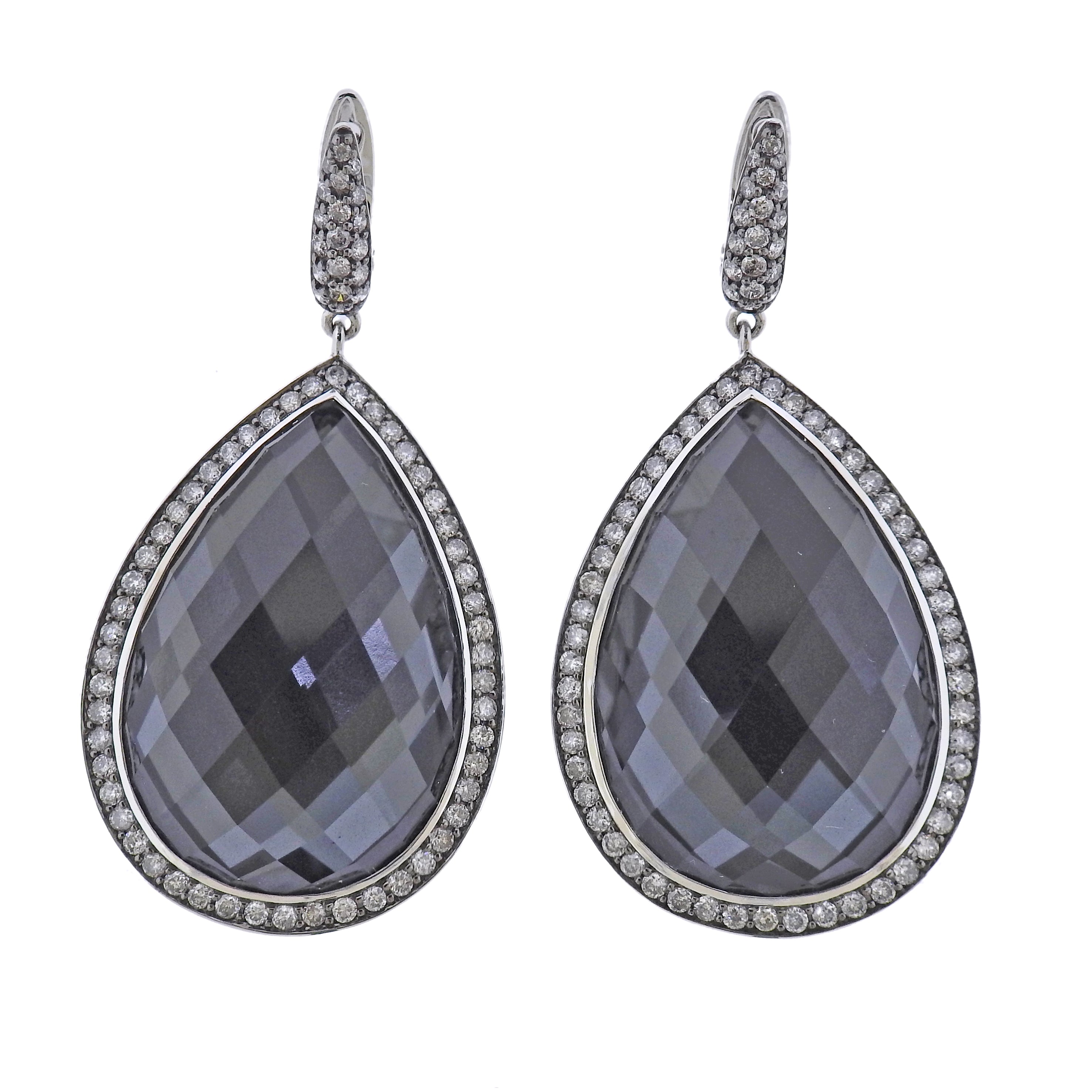 Bucherer Gold Diamond Hematite Quartz Drop Earrings