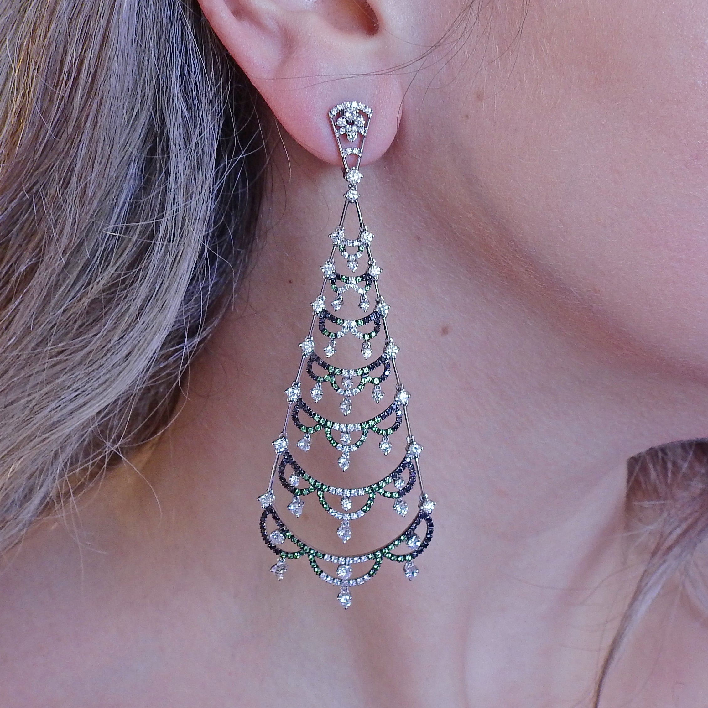 Porrati White Black Diamond Tsavorite Gold Chandelier Earrings - Oak Gem