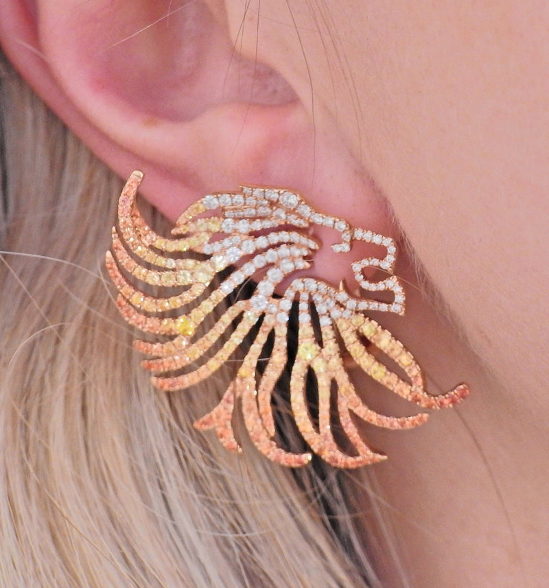 Bucherer Gold Yellow Orange Sapphire Diamond Lion Head Earrings