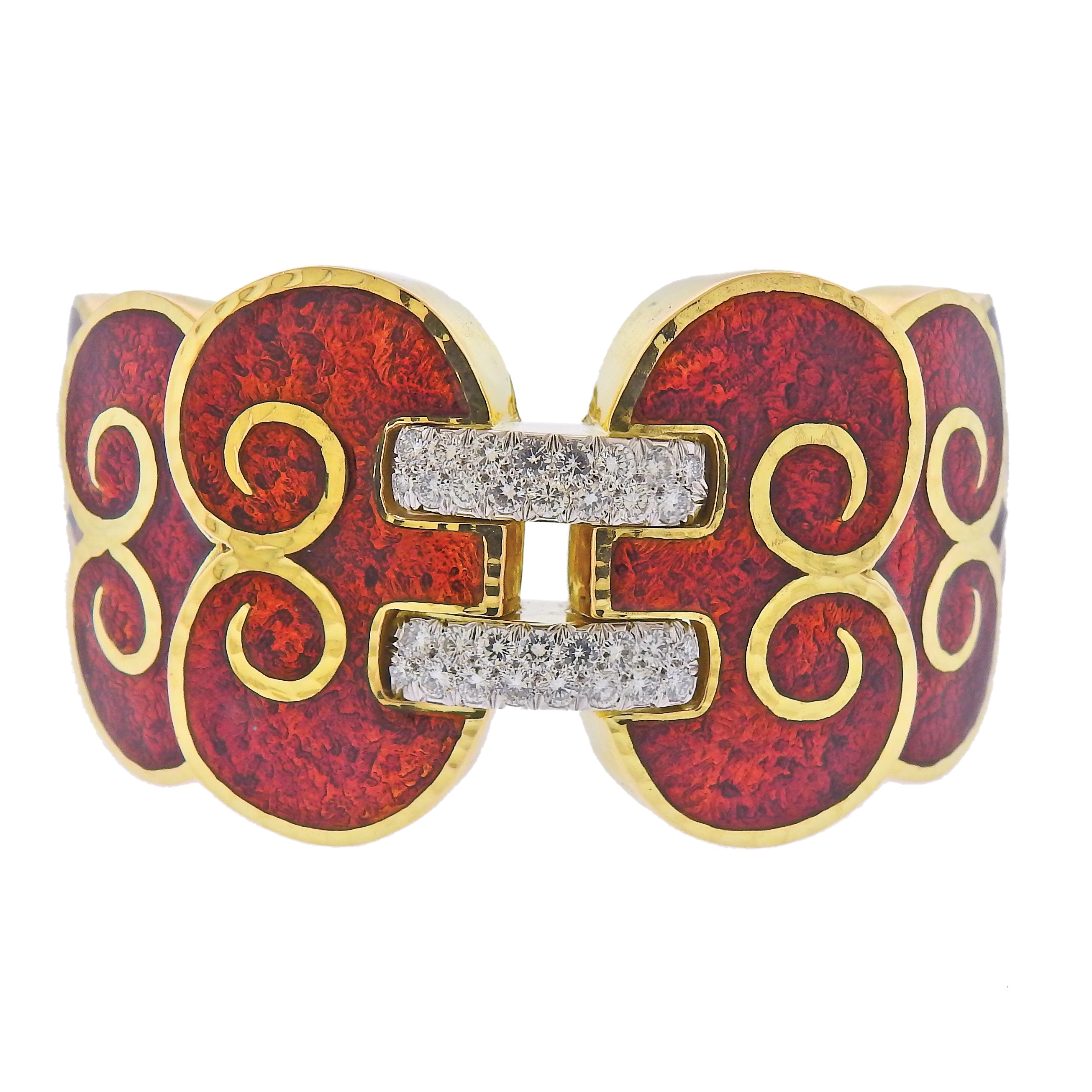 David Webb Diamond Enamel Gold Platinum Swirl Cuff Bracelet - Oak Gem
