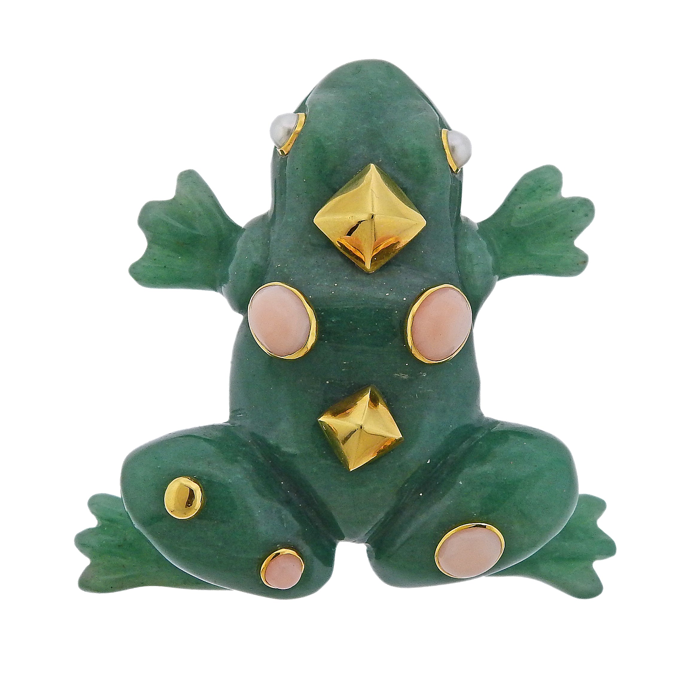Seaman Schepps Aventurine Coral Pearl Gold Large Frog Brooch - Oak Gem